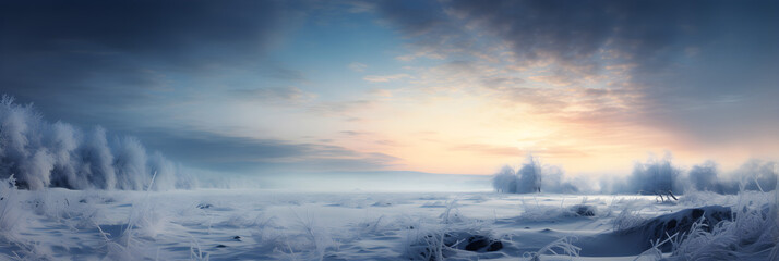 beautiful sunset panorama in the winter forest landscape