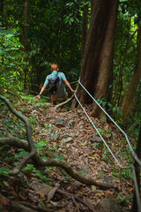 Man hikes in mountainous tropical forest holding security ropes. Visiting Khao Phanom Bencha National Park in Krabi, Thailand