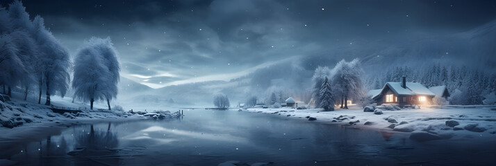 wood cabin by the river on a winter night panorama snow landscape banner - obrazy, fototapety, plakaty