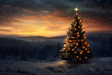 christmas tree in the snow at night