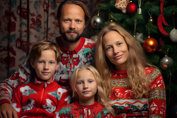 Fototapeta na wymiar Christmas studio portrait of happy family at home with tree