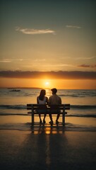 Fototapeta na wymiar Default A young man and woman sitting on bench see the sun set