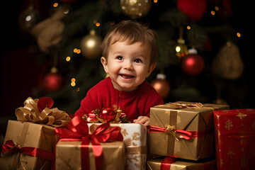 studio portrait of little child with christmas presents
