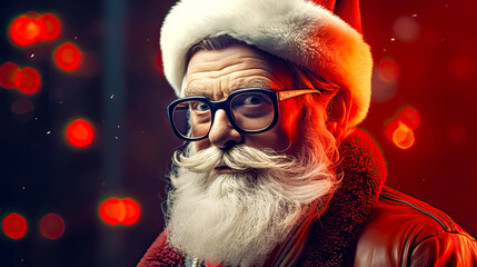 Portrait of smiling Father Christmas and bokeh background. Postproducted generative AI illustration.