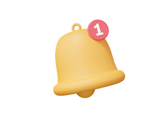 Notification bell yellow reminder alert one list social media minimal cartoon style floating on isolated background. composition template advertising concept. 3D rendering