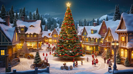 Idyllic Christmas village with decorated tree and people on small square. Postproducted generative AI illustration. - obrazy, fototapety, plakaty