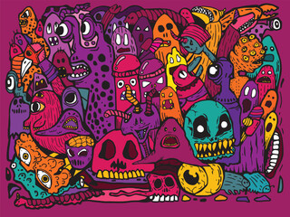 Vivid color pattern Grafiti draws Doodle Art pattern Halloween Monster For Textiles Children's Clothing Cool Background garment, backgrounds, wallpaper, printing, skateboards, shoes and bags.