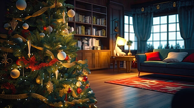 Cozy Christmas interior with tree front and living room on background. Postproducted generative AI illustration.