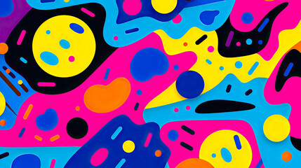 Colorful 90s art collage with bold abstract shapes and colors. For wall art, covers, interior decoration, and backgrounds.