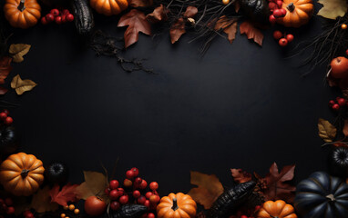 Autumn background with pumpkins and leaves on black wooden table
