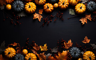Autumn background with pumpkins and leaves on black wooden table