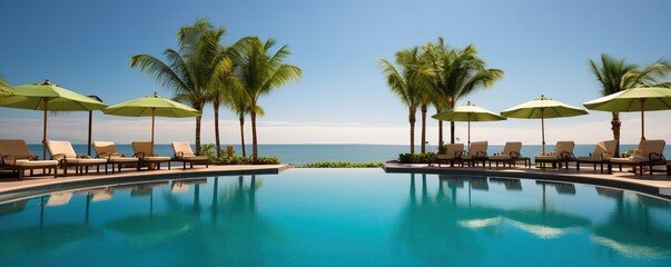 Fototapeta na wymiar Luxury swimming pool and lounge chair umbrellas near the beach and sea
