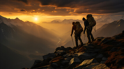 climbers walking to the top of a mountain at sunset