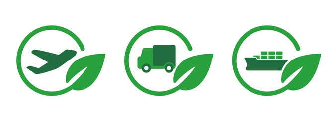 Green transport delivery eco logistic plane ship truck leaves symbol icon environment friendly - obrazy, fototapety, plakaty