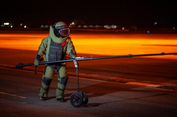 Bomb disposal officers wearing protective gear Investigating a suspected bomb outside the airport...
