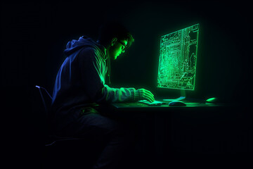  hacker silhouette. computer code. Faceless male hacker in front of animated computer code. hacker front of his computer committing digital cybercrime. Generative AI