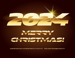 Vector premium greeting card Merry Christmas 2024! Unique Alphabet Letters, Numbers and Symbols set. Futuristic Gold Font