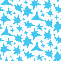 Seamless pattern in the form of blue stars of various shapes with rounded edges. Bright sparks, flashes, similar to fireworks on a white background, glow. Flickering glare glow light effect bright