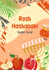 Rosh hashana card - Jewish New Year. Pomegranate & apple vector illustration. Judaism symbol