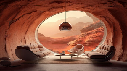 The interior design of living room in a house on another planet, a futuristic project.