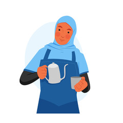 Muslim female barista making coffee wearing short sleeves