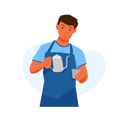 Male barista making coffee wearing short sleeves