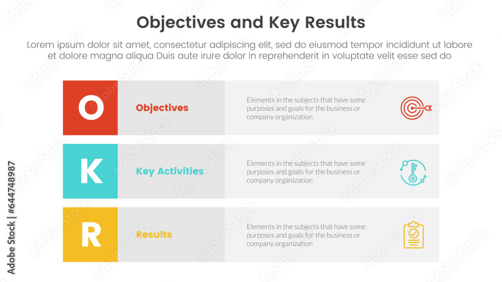 Aufkleber okr objectives and key results infographic 3 point stage template with 3 block row rectangle content