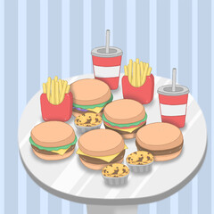 Hamburger on the table and yellow french fries and sweet egg tarts With soft drink striped background