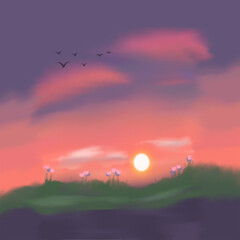 Obraz premium Sue Fah in the evening, the sun is about to set. Violet light mixed with orange sunshine. green grass hills and flowers