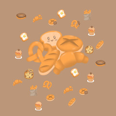 Many types of bread french breakfast brown background and fried egg bread
