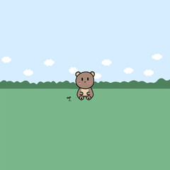 A little bear and a vast green field The sky is floating with clouds