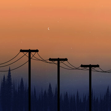 Scenery and views, orange sunlight showing the shadows of trees, electric poles, nature, seeing the moon and many constellations in the sky