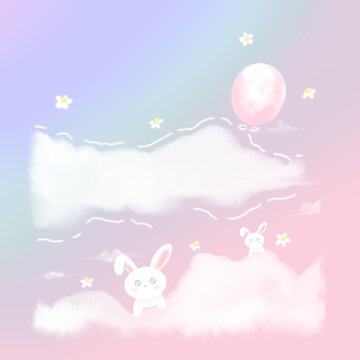 little rabbit on soft cloud Rainbow background and balloons floating in the sky