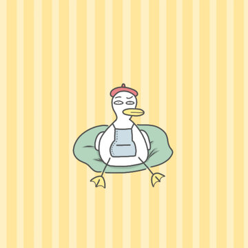 yellow striped background There was a duck with a red hat and a blue apron sitting on the sofa