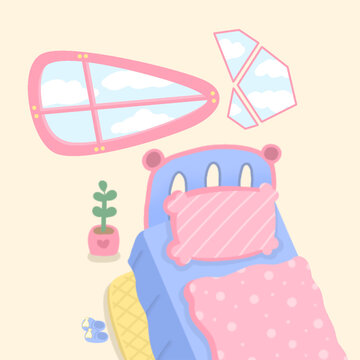 cream background There is a blue bed. and the windows that looked outside saw the clouds