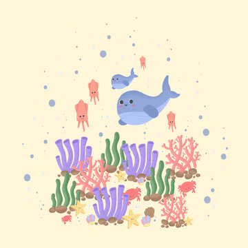 Undersea animals and deep-water creatures Beautiful colorful coral Squid and whale