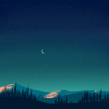 mountains at night The moon shines brightly and there are millions of stars in the sky. Blue light