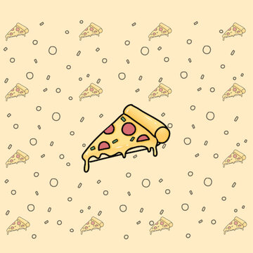 Delicious pizza Yellow background and floating pizza There are circles and squares.