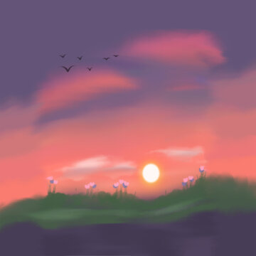 Sue Fah in the evening, the sun is about to set. Violet light mixed with orange sunshine. green grass hills and flowers