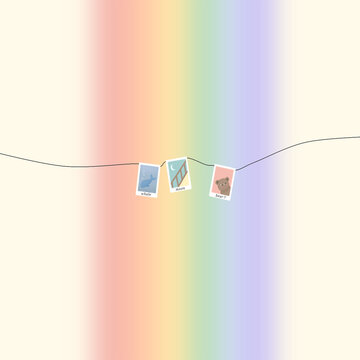 cream background Rainbow stripes Along with three cute Polaroid photos.