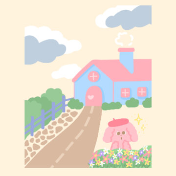 Background The pink bear house has a bush of green grass and multi-colored flowers