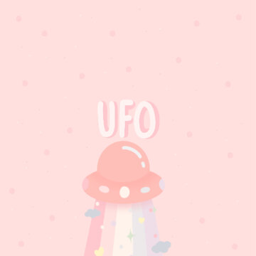 Cute pink UFO craft and light pink background decorated with polka dots