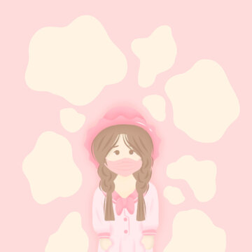 Pigtailed girl in pink school uniform and cute pink hat cow pattern background