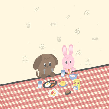 Brown dog holding fork and spoon and little pink bunny eating bread Sitting and eating breakfast on a red checkered table