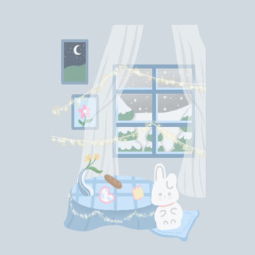 Little white rabbit on a snowy day He decorated the room with white curtains and yellow string lights. and food on the table