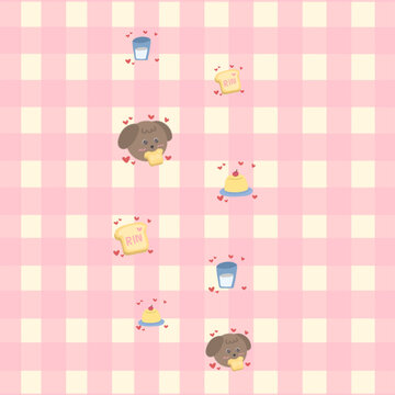 cream background pink checkered pattern and the dog has bread in its mouth