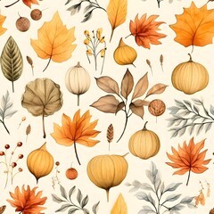 Obraz premium Herbst Muster, nahtlos, Nahtlosmuster, Hintergrund, Blätter, Laub, Pilze, Wald, zauberhaft