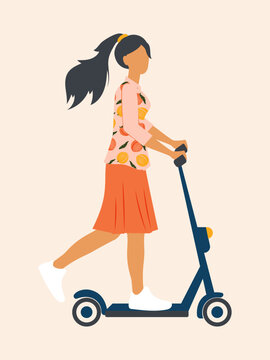Young cheerful woman with a ponytail rides a blue electric scooter in summer and enjoys life. Spring vertical postcard. Vector.