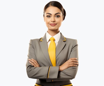 Women wearing uniform suits with arms crossed isolated on plain background