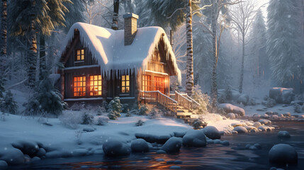 One-storey cottage in winter